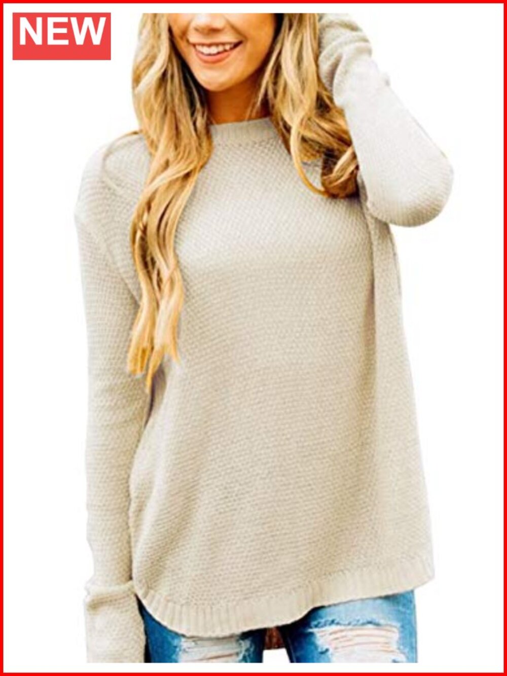 Long Sleeve Crew Neck Knit Pullover Sweater Loose Fit